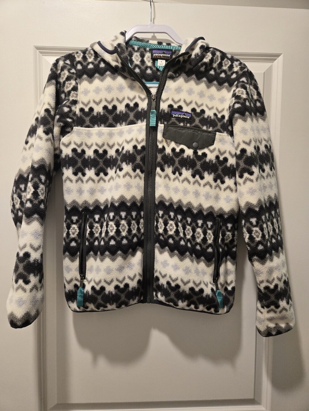 Patagonia Synchilla Hooded Fleece Jacket Geometric Print White - Size S